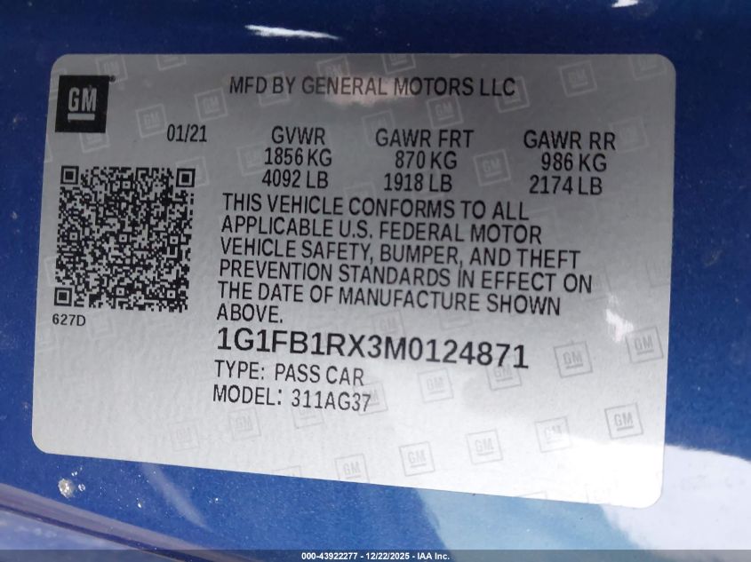 2021 Chevrolet Camaro Rwd 1Lt VIN: 1G1FB1RX3M0124871 Lot: 43922277