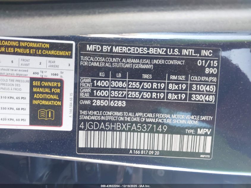 2015 Mercedes-Benz Ml 350 4Matic VIN: 4JGDA5HBXFA537149 Lot: 43922284