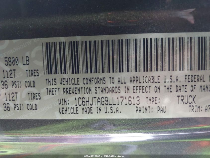 2020 Jeep Gladiator Sport S 4X4 VIN: 1C6HJTAG9LL171613 Lot: 43922286