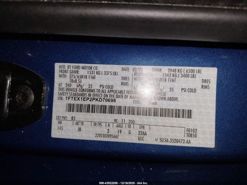 2023 Ford F-150 Xl VIN: 1FTEX1EP2PKD70698 Lot: 43922288