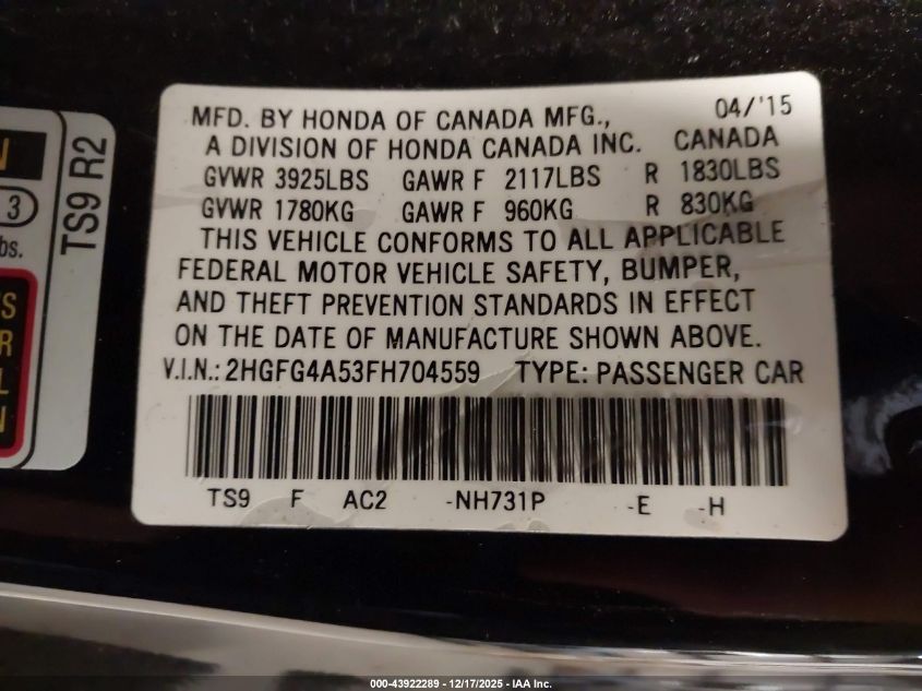 2015 Honda Civic Si VIN: 2HGFG4A53FH704559 Lot: 43922289