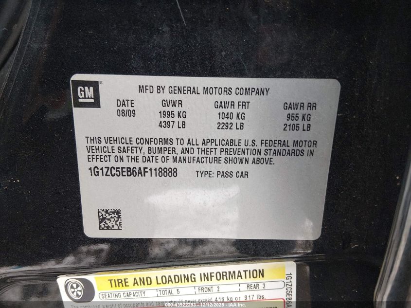 2010 Chevrolet Malibu Lt VIN: 1G1ZC5EB6AF118888 Lot: 43922293