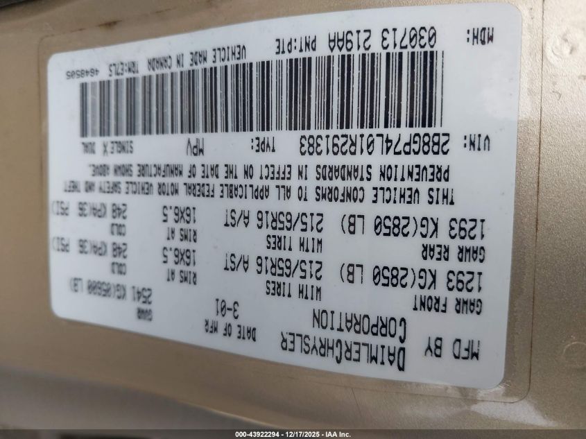 2001 Dodge Grand Caravan Ex VIN: 2B8GP74L01R291383 Lot: 43922294