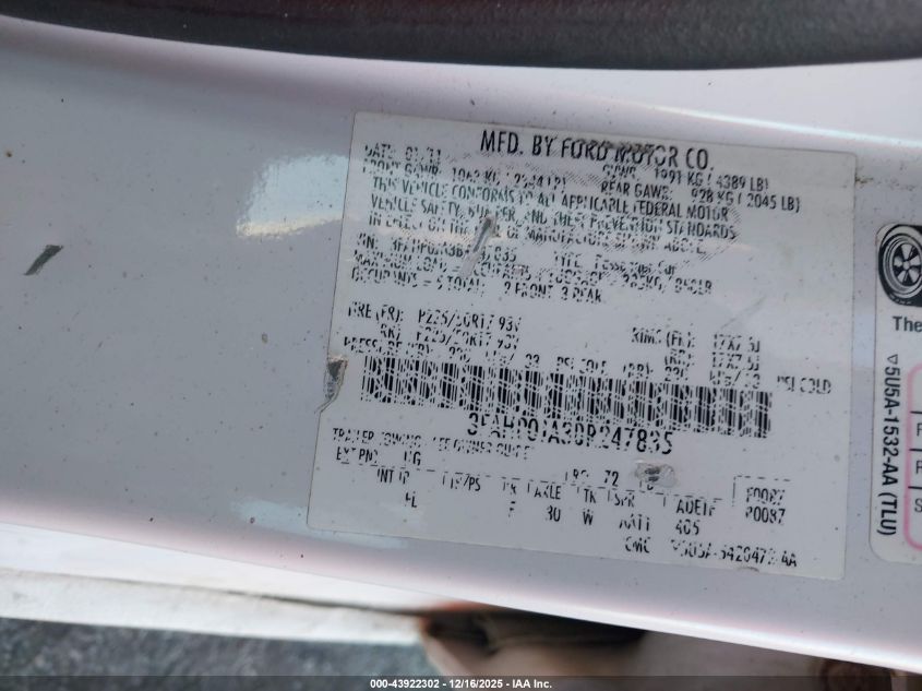 2011 Ford Fusion Sel VIN: 3FAHP0JA3BR247835 Lot: 43922302