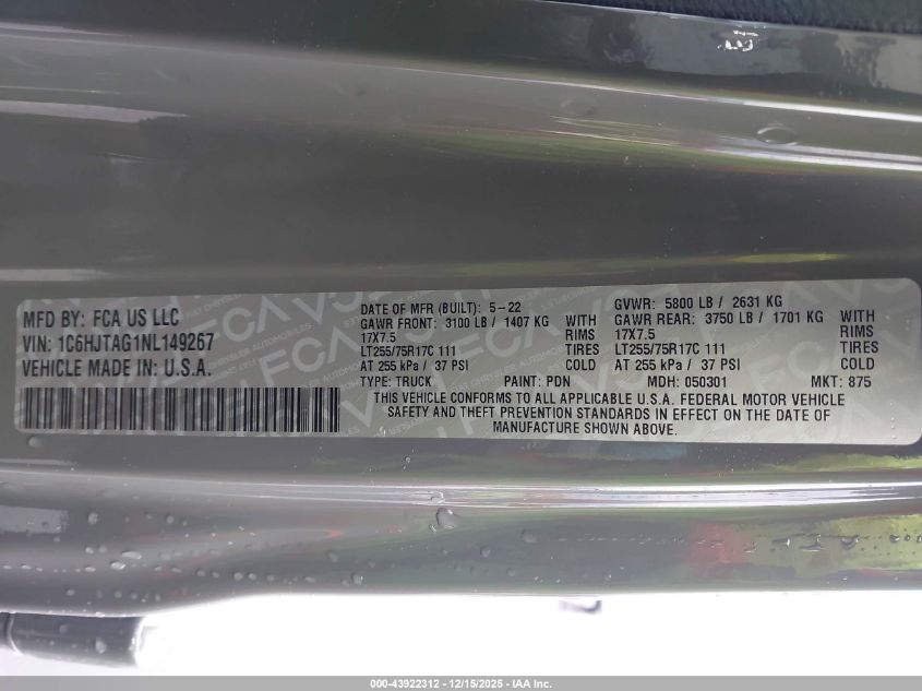 2022 Jeep Gladiator Willys 4X4 VIN: 1C6HJTAG1NL149267 Lot: 43922312