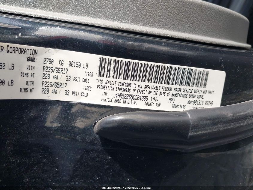 2005 Jeep Grand Cherokee Limited VIN: 1J4HR58265C504385 Lot: 43922325