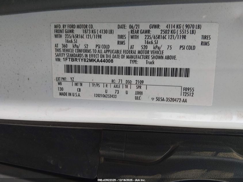 2021 Ford Transit-250 VIN: 1FTBR1Y82MKA44008 Lot: 43922329