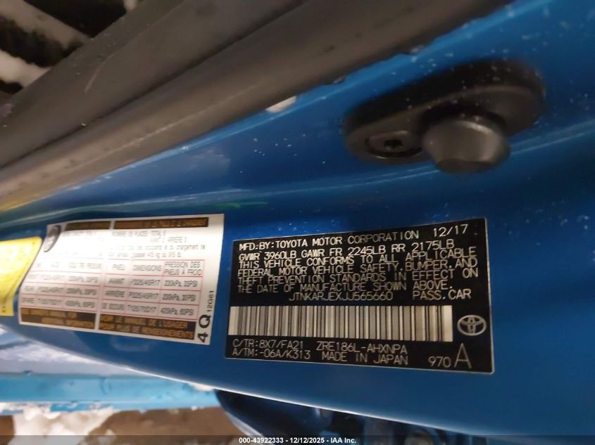 2018 Toyota Corolla Im VIN: JTNKARJEXJJ565660 Lot: 43922333