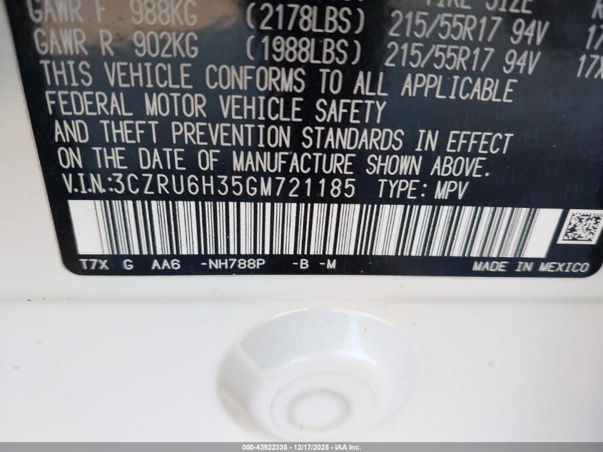 2016 Honda Hr-V Lx VIN: 3CZRU6H35GM721185 Lot: 43922335