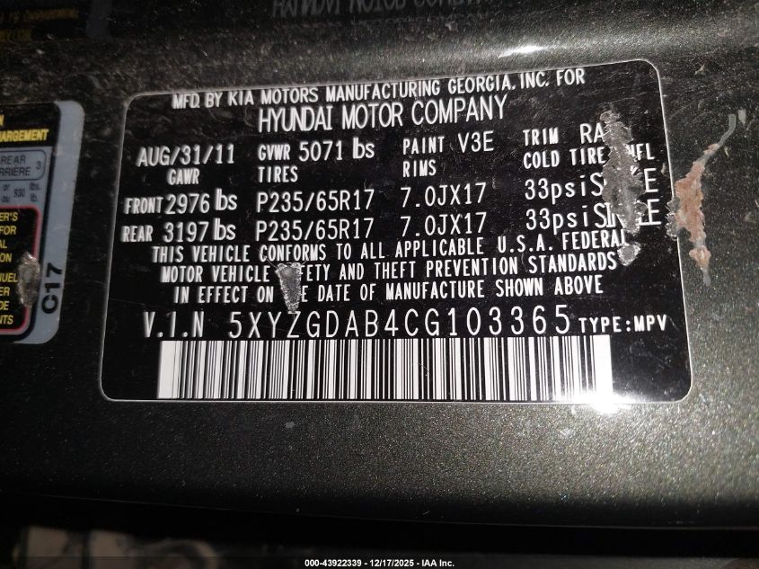 2012 Hyundai Santa Fe Gls VIN: 5XYZGDAB4CG103365 Lot: 43922339