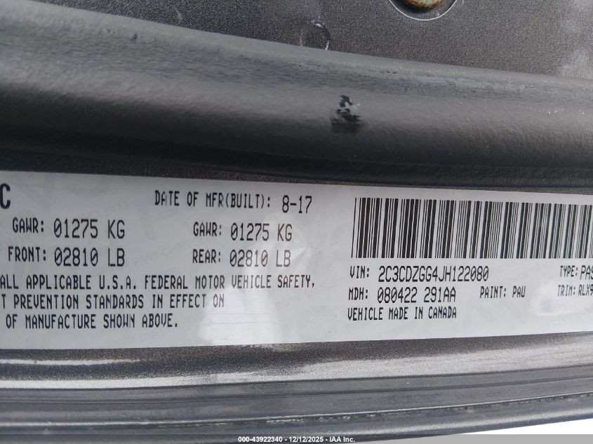 2018 Dodge Challenger Gt Awd VIN: 2C3CDZGG4JH122080 Lot: 43922340