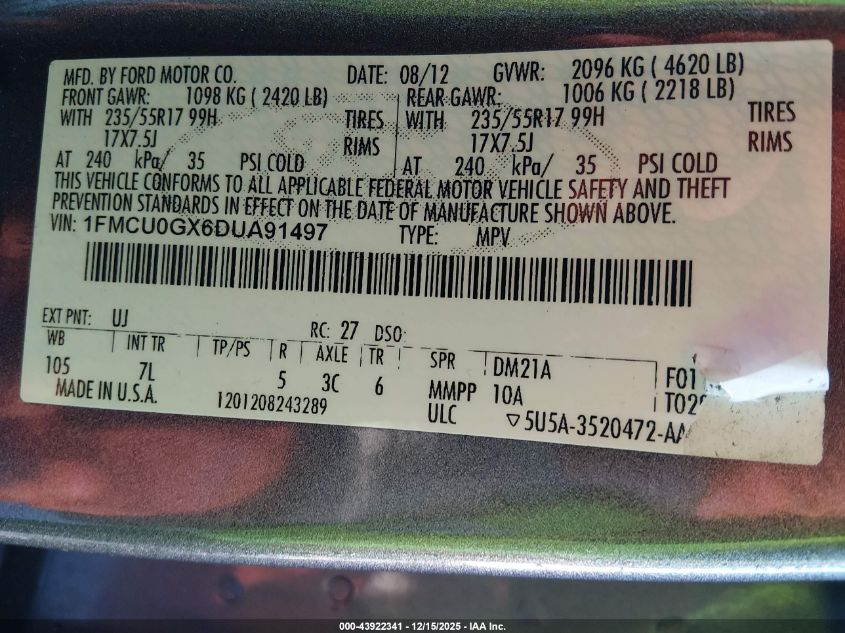 2013 Ford Escape Se VIN: 1FMCU0GX6DUA91497 Lot: 43922341