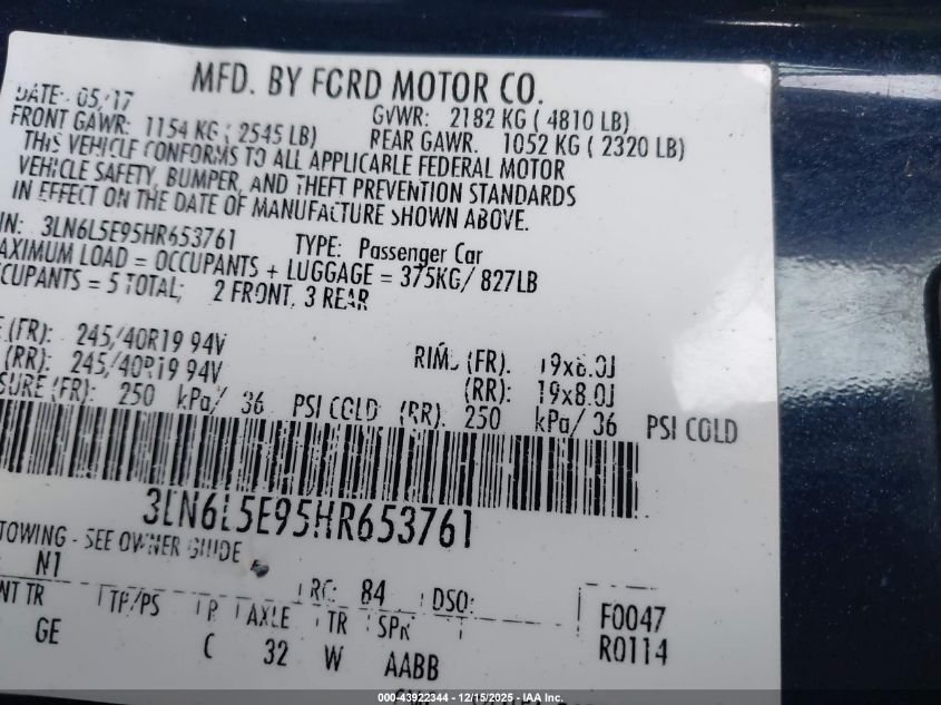 2017 Lincoln Mkz Reserve VIN: 3LN6L5E95HR653761 Lot: 43922344