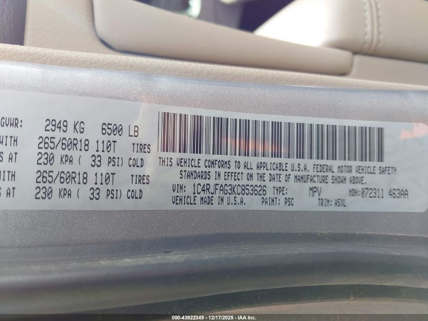 2019 Jeep Grand Cherokee Laredo E 4X4 VIN: 1C4RJFAG3KC853626 Lot: 43922349