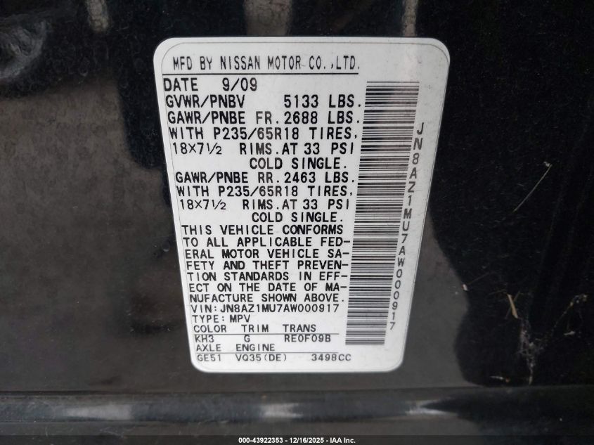 2010 Nissan Murano Sl VIN: JN8AZ1MU7AW000917 Lot: 43922353