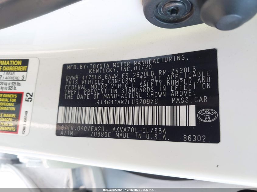 2020 Toyota Camry Se VIN: 4T1G11AK7LU920976 Lot: 43922361