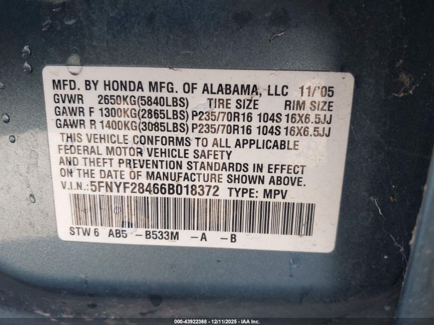 2006 Honda Pilot Ex VIN: 5FNYF28466B018372 Lot: 43922368