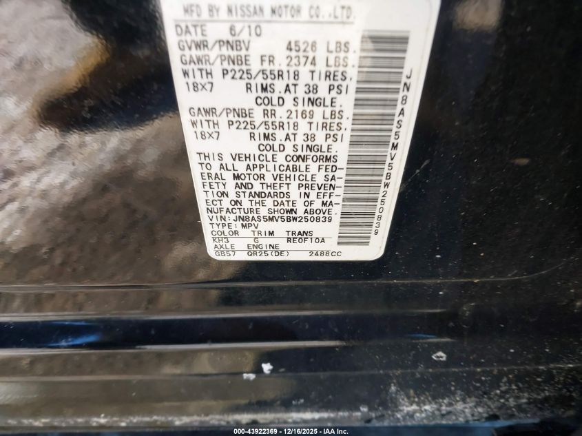 2011 Nissan Rogue Sv VIN: JN8AS5MV5BW250839 Lot: 43922369
