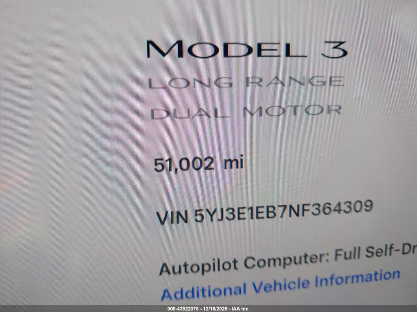 2022 Tesla Model 3 Long Range Dual Motor All-Wheel Drive VIN: 5YJ3E1EB7NF364309 Lot: 43922378