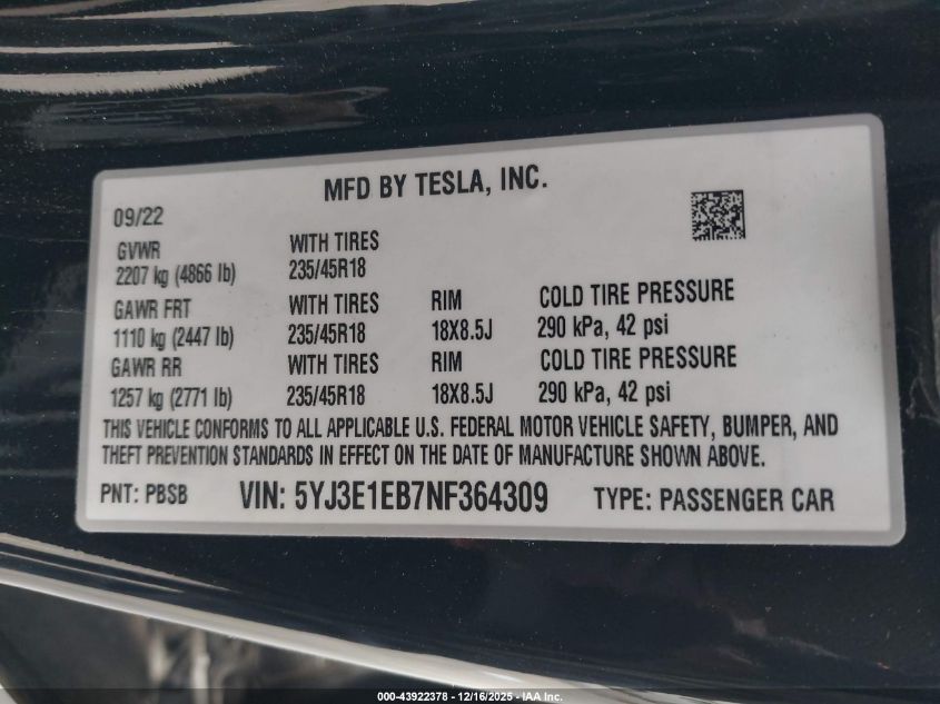 2022 Tesla Model 3 Long Range Dual Motor All-Wheel Drive VIN: 5YJ3E1EB7NF364309 Lot: 43922378