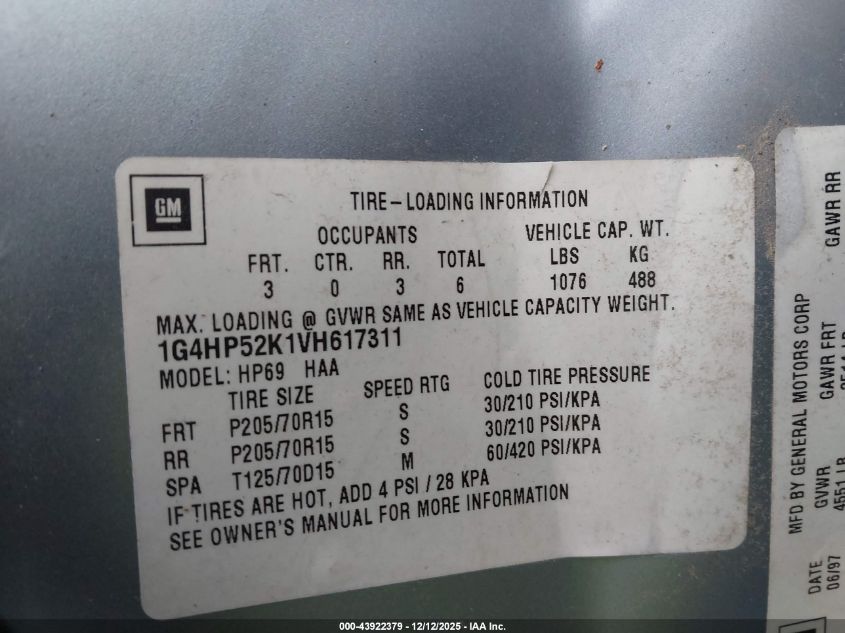 1997 Buick Lesabre Custom VIN: 1G4HP52K1VVH61731 Lot: 43922379