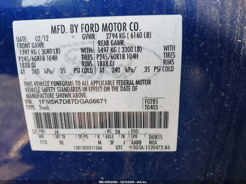 2013 Ford Explorer Xlt VIN: 1FM5K7D87DGA06671 Lot: 43922380