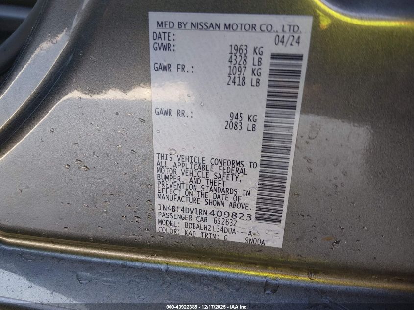 2024 Nissan Altima Sv Fwd VIN: 1N4BL4DV1RN409823 Lot: 43922385