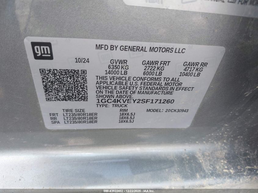 2025 Chevrolet Silverado 3500Hd 4Wd Long Bed High Country VIN: 1GC4KVEY2SF171260 Lot: 43922402
