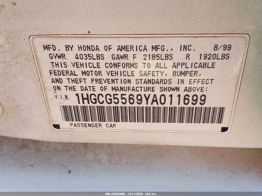 2000 Honda Accord 2.3 Ex VIN: 1HGCG5569YA011699 Lot: 43922406