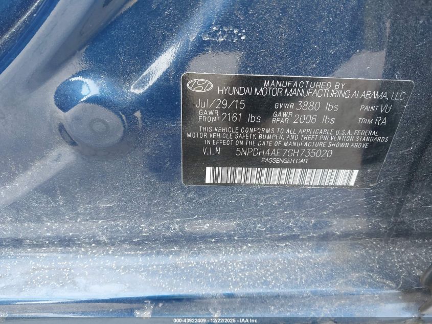 2016 Hyundai Elantra Se VIN: 5NPDH4AE7GH735020 Lot: 43922409