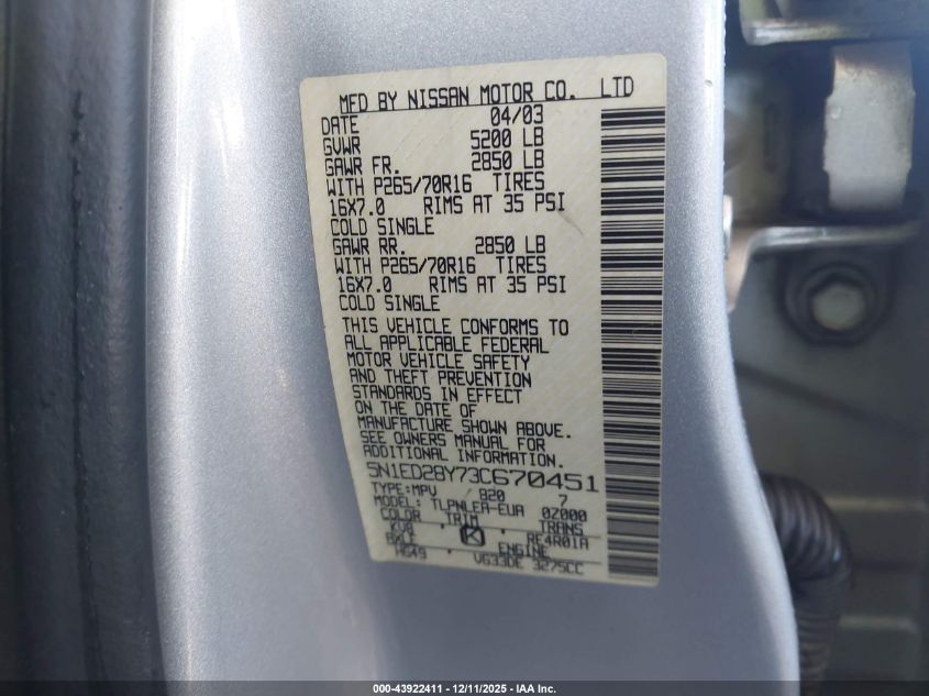 2003 Nissan Xterra Xe VIN: 5N1ED28Y73C670451 Lot: 43922411