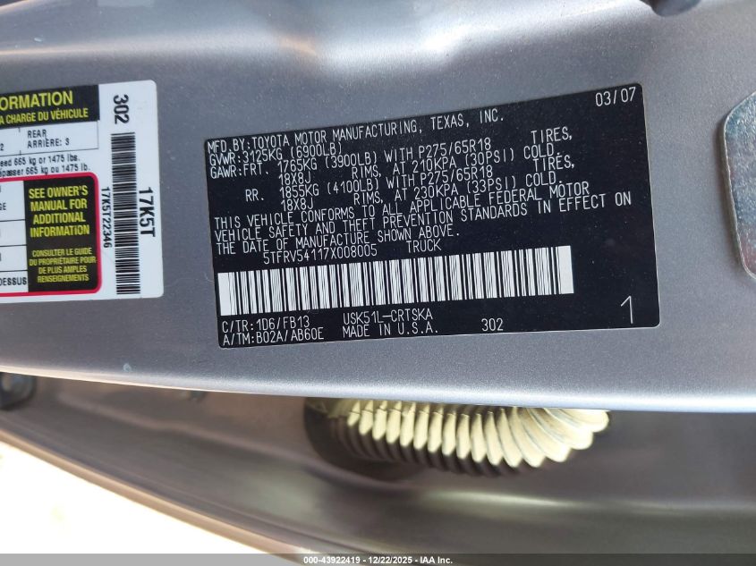 2007 Toyota Tundra Sr5 V8 VIN: 5TFRV54117X008005 Lot: 43922419