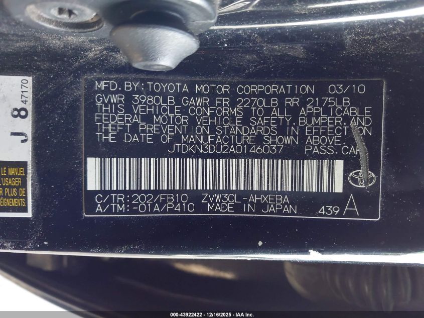 2010 Toyota Prius Iii VIN: JTDKN3DU2A0146037 Lot: 43922422
