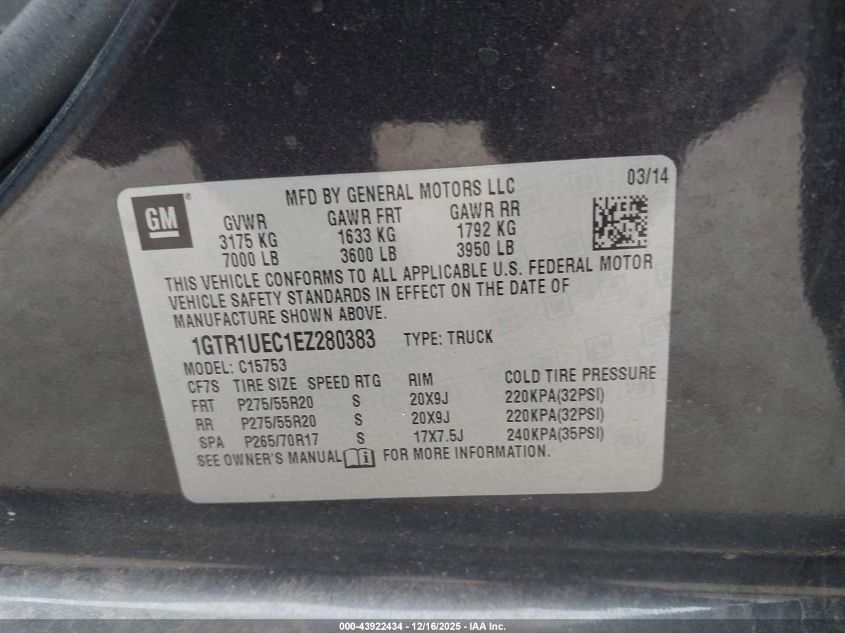 2014 GMC Sierra 1500 Sle VIN: 1GTR1UEC1EZ280383 Lot: 43922434