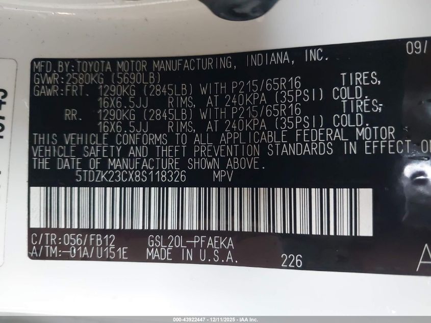 2008 Toyota Sienna Ce VIN: 5TDZK23CX8S118326 Lot: 43922447