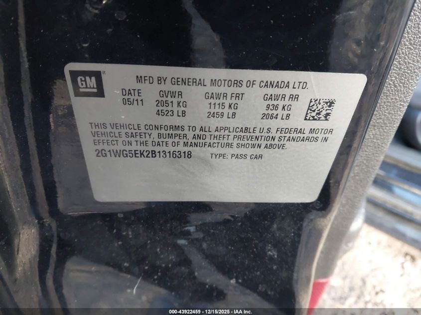 2011 Chevrolet Impala Lt VIN: 2G1WG5EK2B1316318 Lot: 43922459