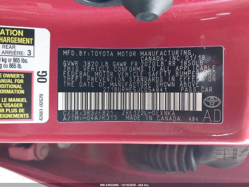 2018 Toyota Corolla Le VIN: 2T1BURHE5JC054841 Lot: 43922460