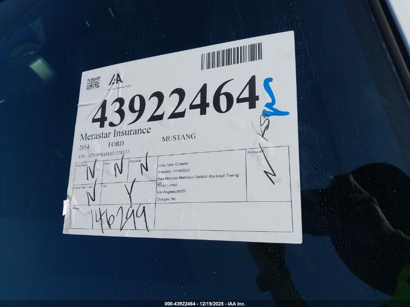 2014 Ford Mustang V6 Premium VIN: 1ZVBP8AM4E5278377 Lot: 43922464