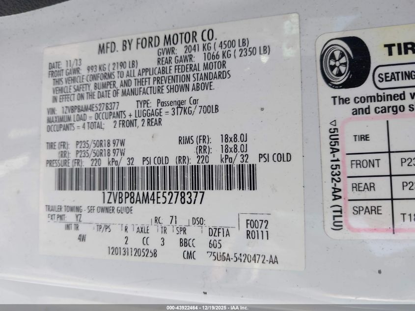 2014 Ford Mustang V6 Premium VIN: 1ZVBP8AM4E5278377 Lot: 43922464