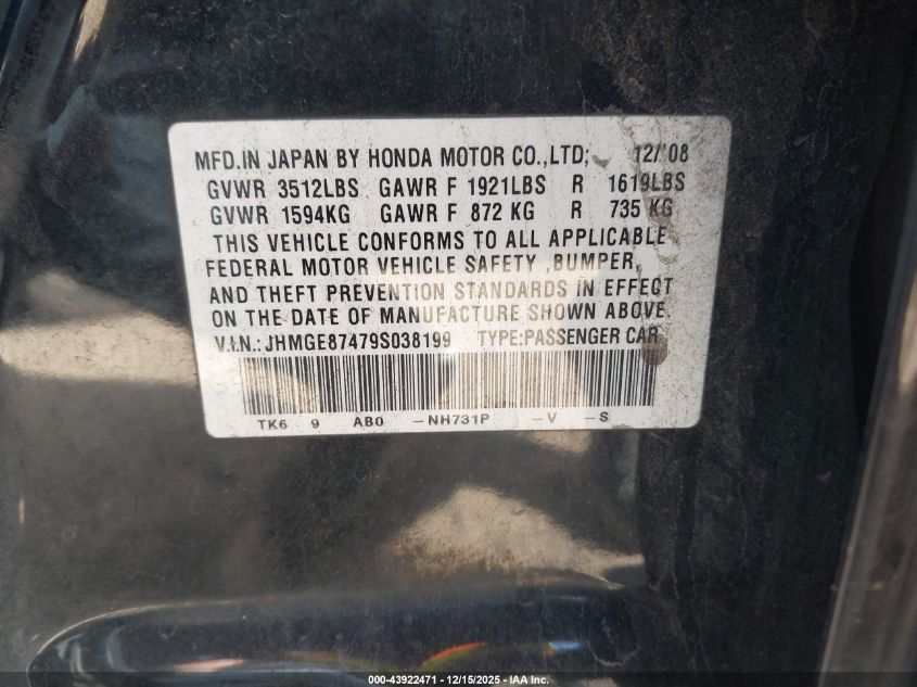 2009 Honda Fit Sport VIN: JHMGE87479S038199 Lot: 43922471