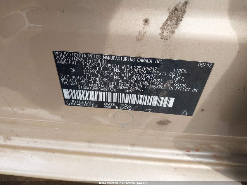 2012 Toyota Rav4 Limited V6 VIN: 2T3DK4DV6CW085578 Lot: 43922473