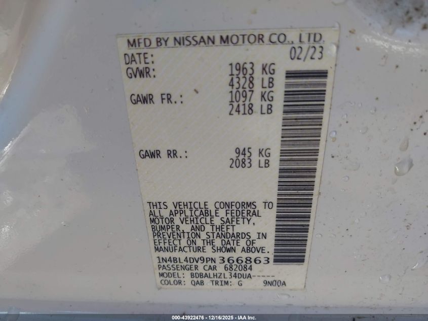 2023 Nissan Altima Sv Fwd VIN: 1N4BL4DV9PN366863 Lot: 43922476