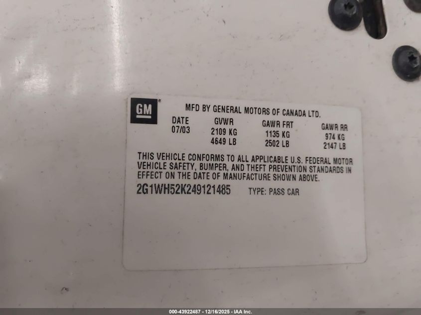 2004 Chevrolet Impala Ls VIN: 2G1WH52K249121485 Lot: 43922487