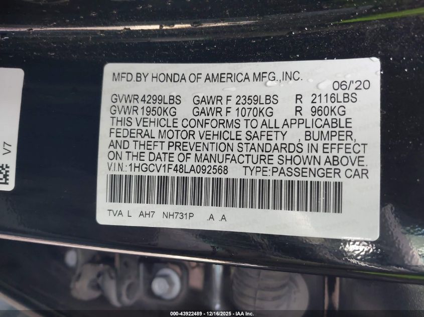 2020 Honda Accord Ex VIN: 1HGCV1F48LA092568 Lot: 43922489