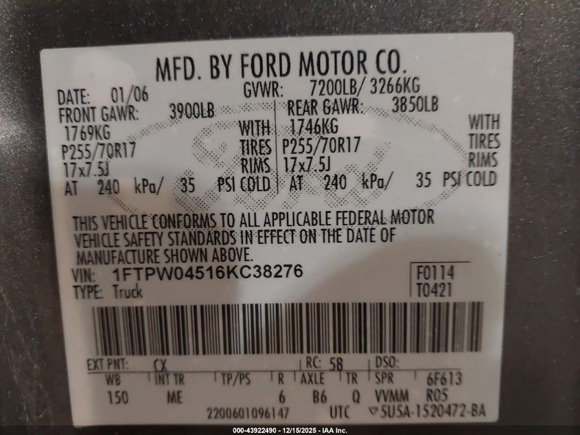 2006 Ford F-150 Fx4/Xlt VIN: 1FTPW04516KC38276 Lot: 43922490