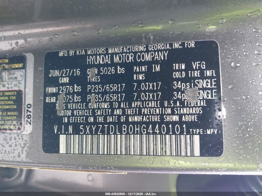 2017 Hyundai Santa Fe Sport 2.4L VIN: 5XYZTDLB0HG440101 Lot: 43922505