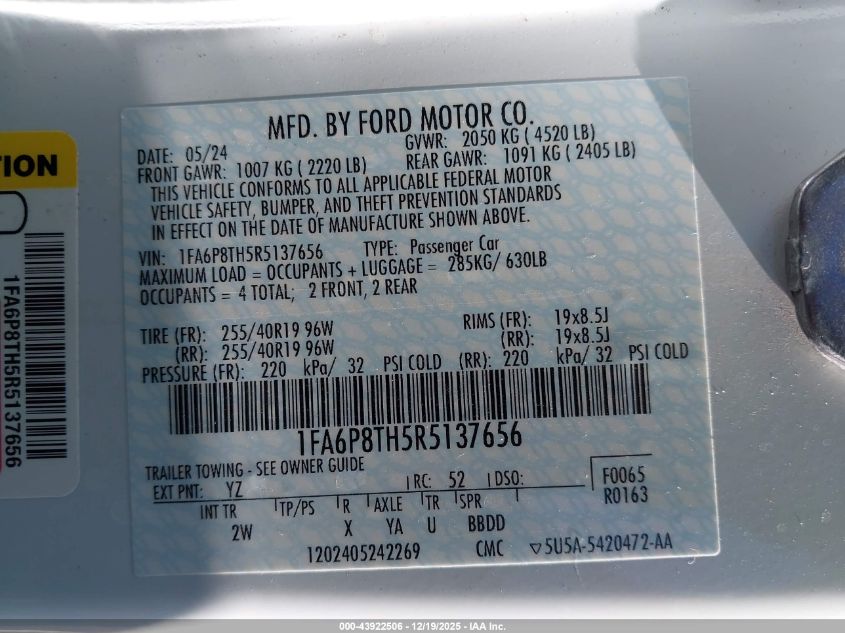 2024 Ford Mustang Ecoboost Fastback VIN: 1FA6P8TH5R5137656 Lot: 43922506