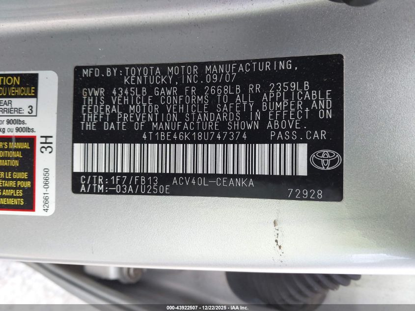 2008 Toyota Camry Le VIN: 4T1BE46K18U747374 Lot: 43922507