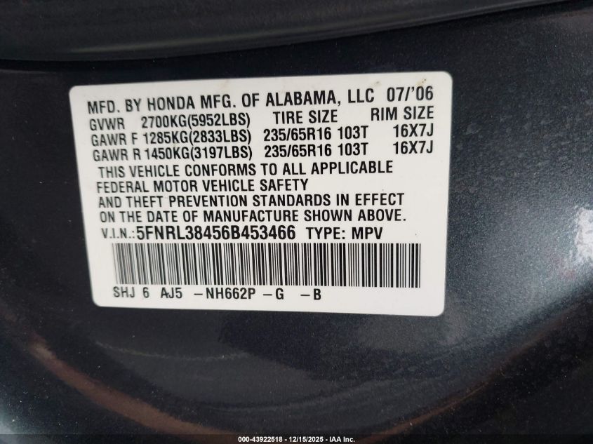 2006 Honda Odyssey Ex VIN: 5FNRL38456B453466 Lot: 43922518