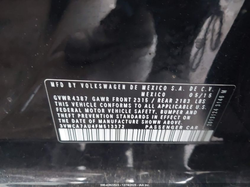2015 Volkswagen Golf Sportwagen Tdi S 4-Door VIN: 3VWCA7AU4FM513372 Lot: 43922523